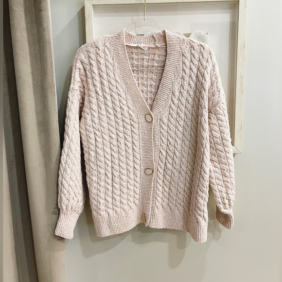 Mango Sweaters - Mango Pink Shimmer Cable Knit Cardigan